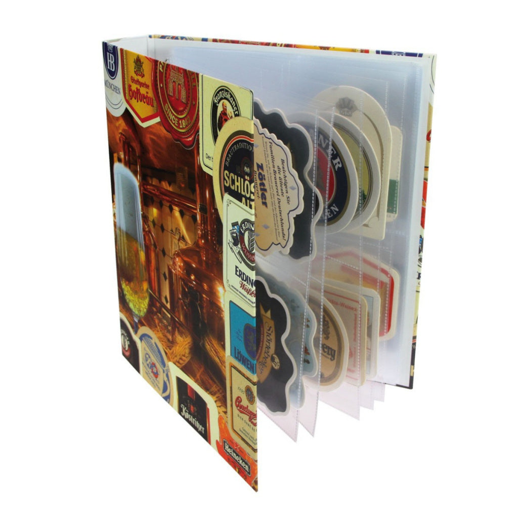 Collection of beer coasters displayed in a the beer themed album on a white background
