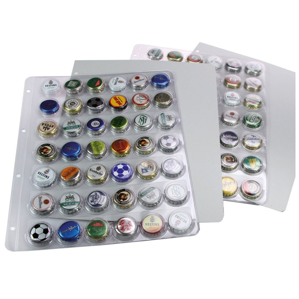 Collection of bottle caps in a display pages on a white background