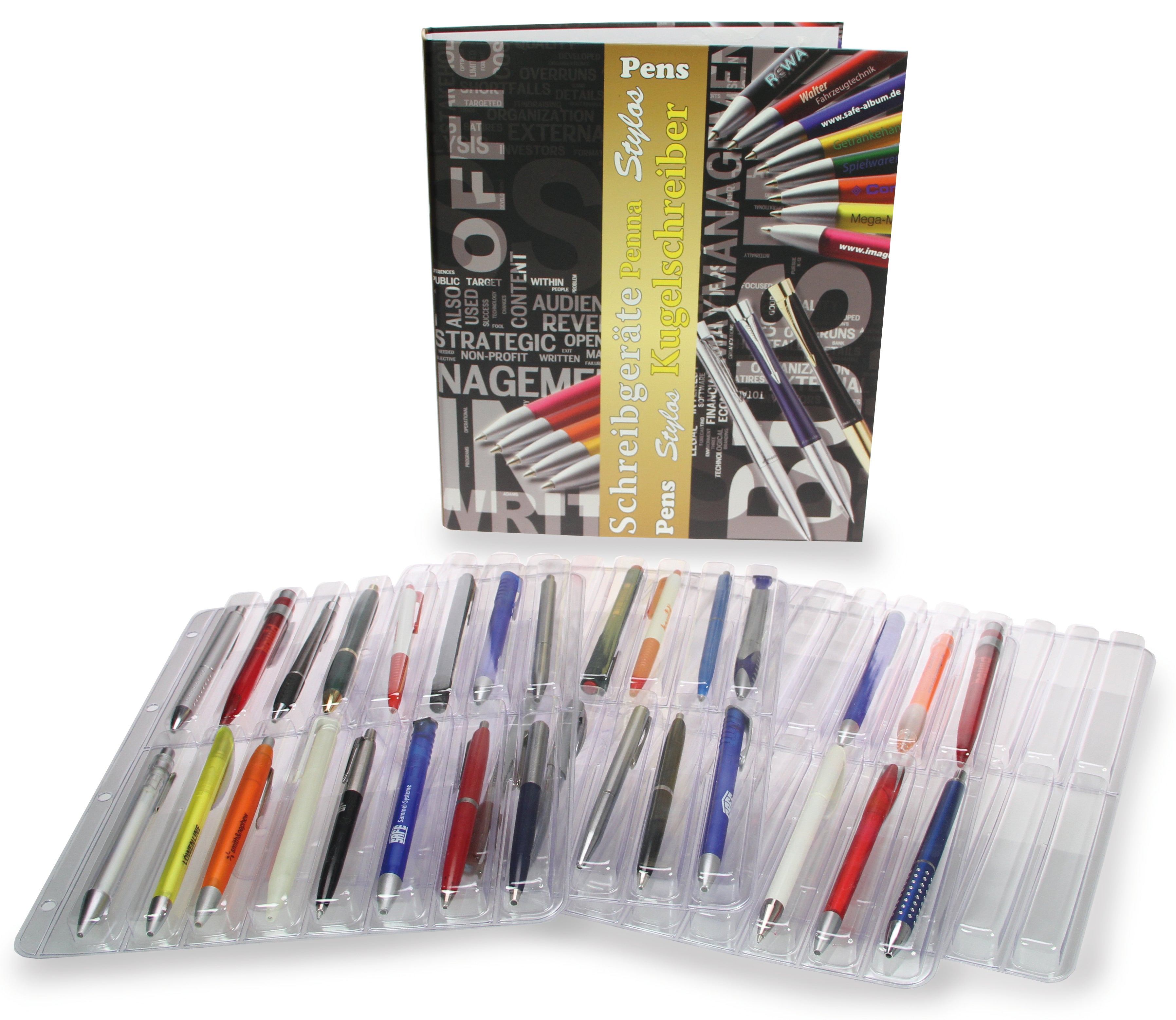 Collecto 4-Ring Album with a pen-themed cover with a focus on a spread of Collecto Pen pages with assorted pens inside the compartments.