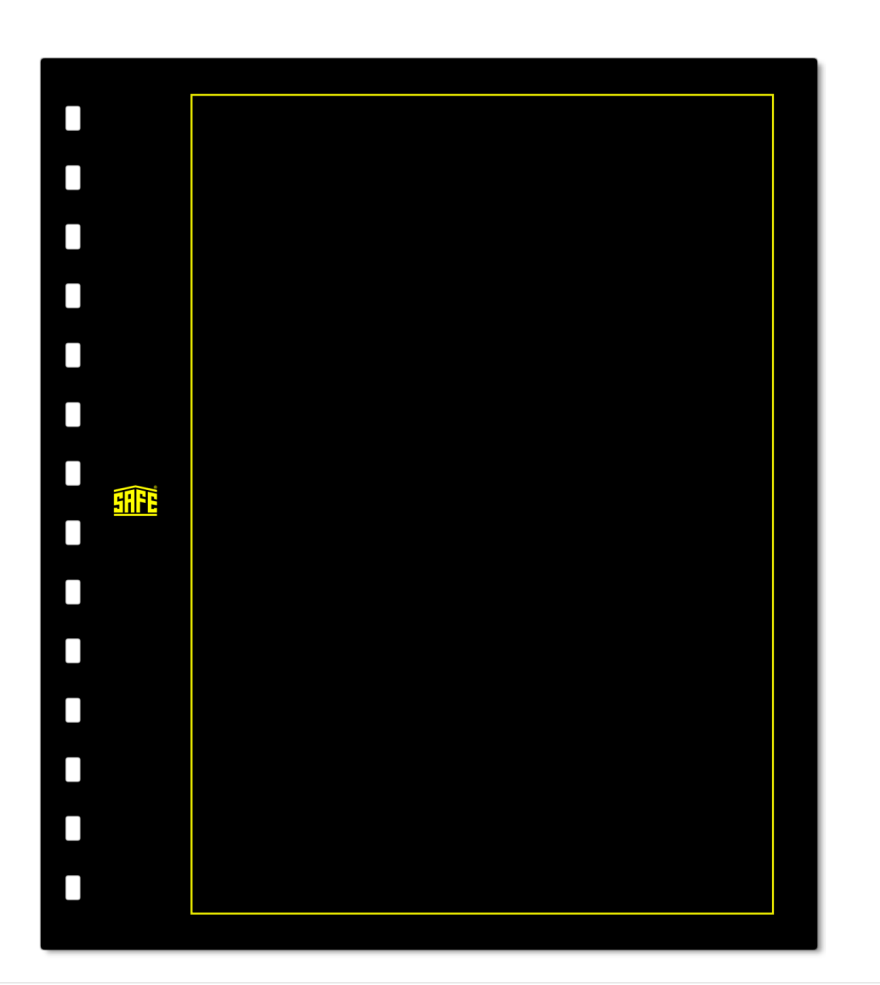 Illustration representing a black album page with a gold border & SAFE logo on a white background