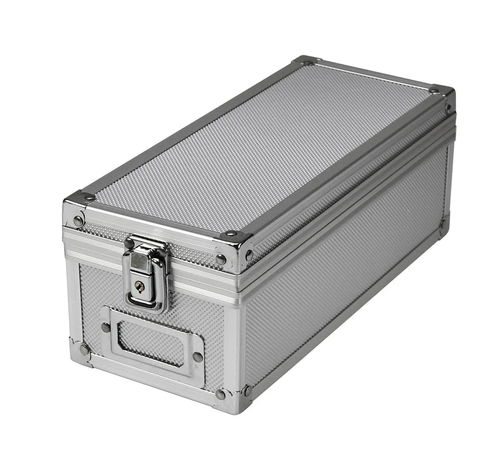 A rectangular silver aluminum storage case with a textured mesh pattern, featuring a metal latch closure on the front and reinforced corners, shown on a plain white background.