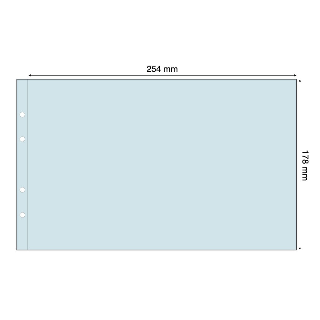 Light blue illustration representing a transparent album page with pocket dimensions on a white background