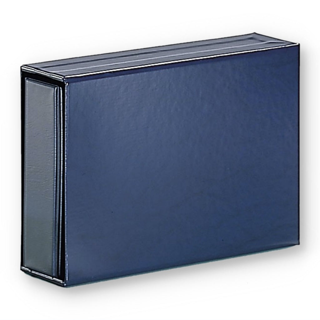 Blue collector Album fully inserted into the blue  Compact Horizontal slipcase on a white background