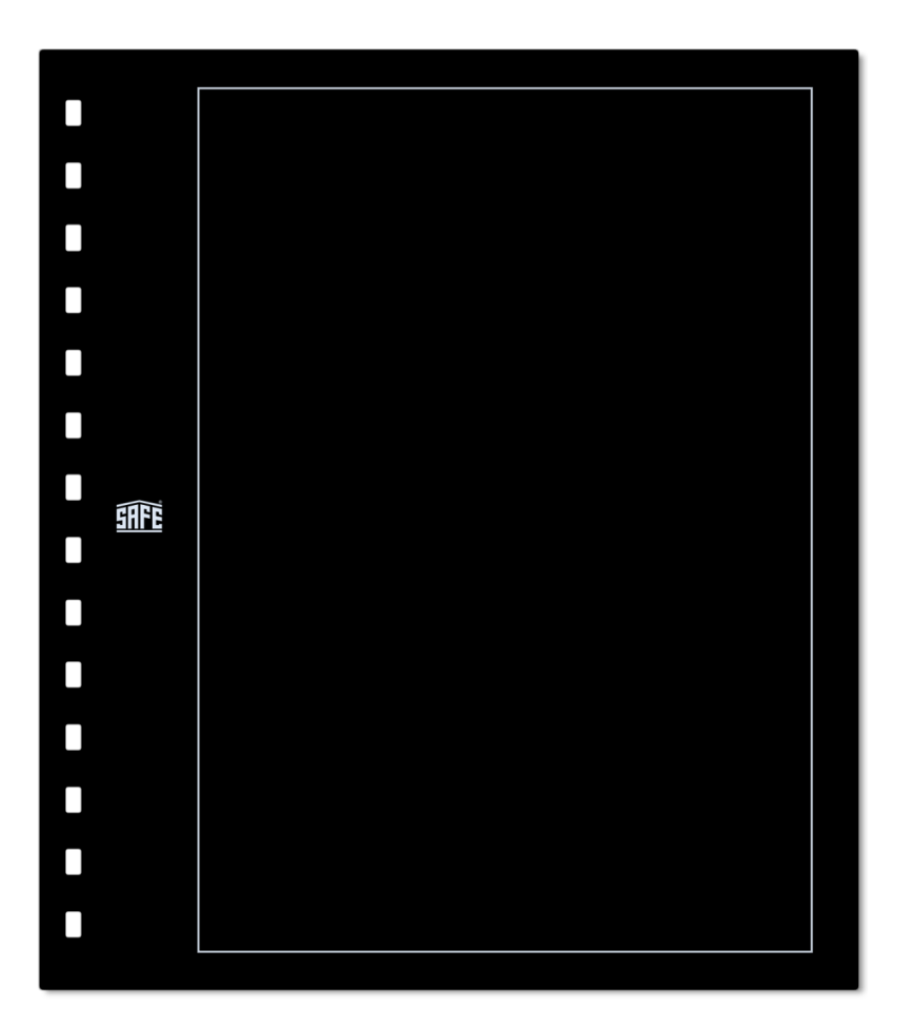 Illustration representing a black album page with a silver border & SAFE logo on a white background