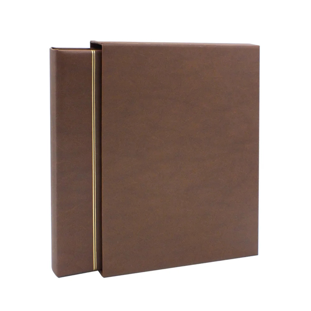 Brown collector album with a gold embossing halfway slid into a matching slipcase on a white background