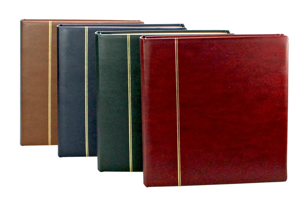 Four collector albums with a gold embossing in red, green, blue & brown on a white background