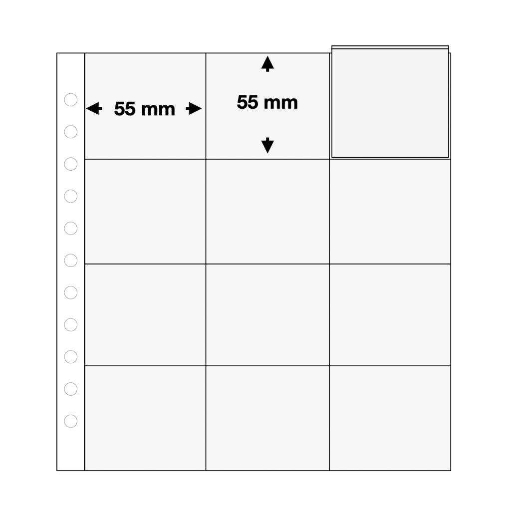 Illustration representing a transparent album page with individual pockets and pocket dimensions on a white background