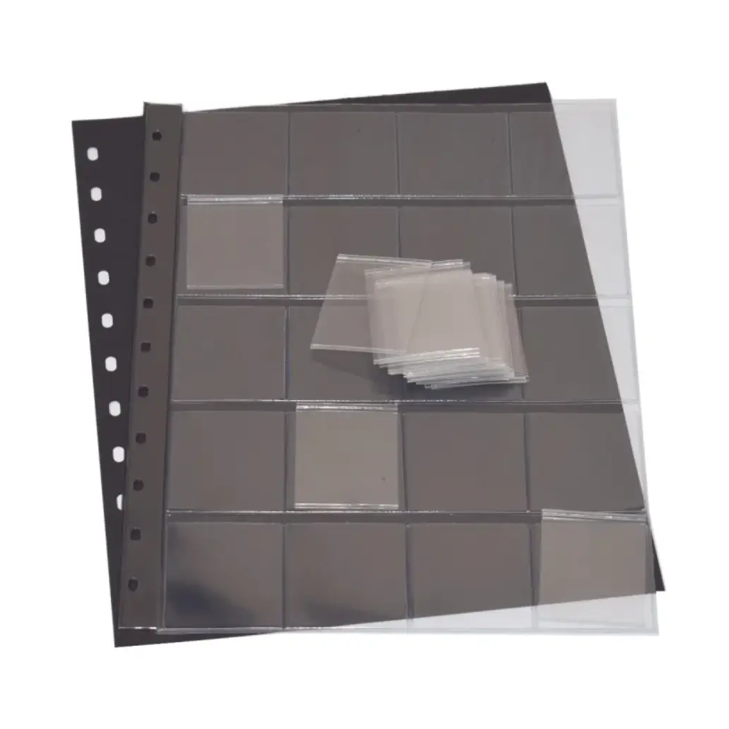 Clear polyester page with multiple compartments and each compartment has an individual removable pocket with a black interleaf on a white background