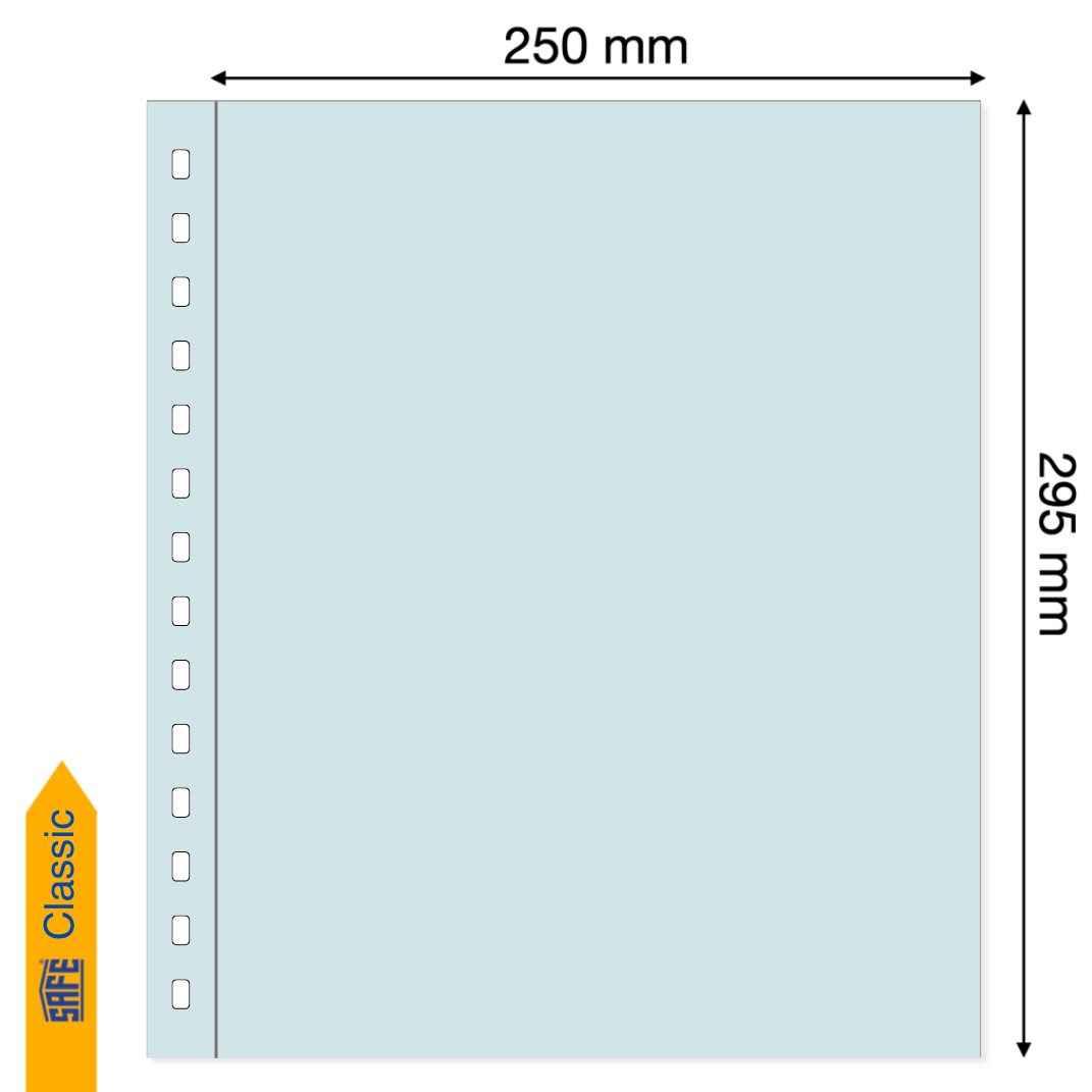 Light blue illustration representing a transparent album page with pocket dimensions on a white background