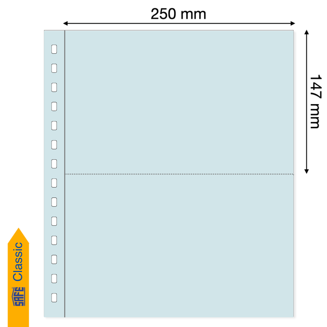 Light blue illustration representing a transparent album page with pocket dimensions on a white background