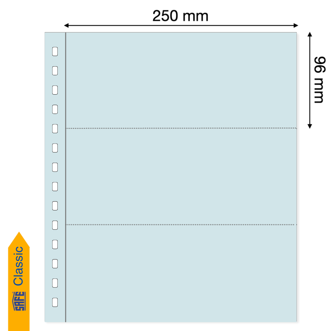 Light blue illustration representing a transparent album page with pocket dimensions on a white background