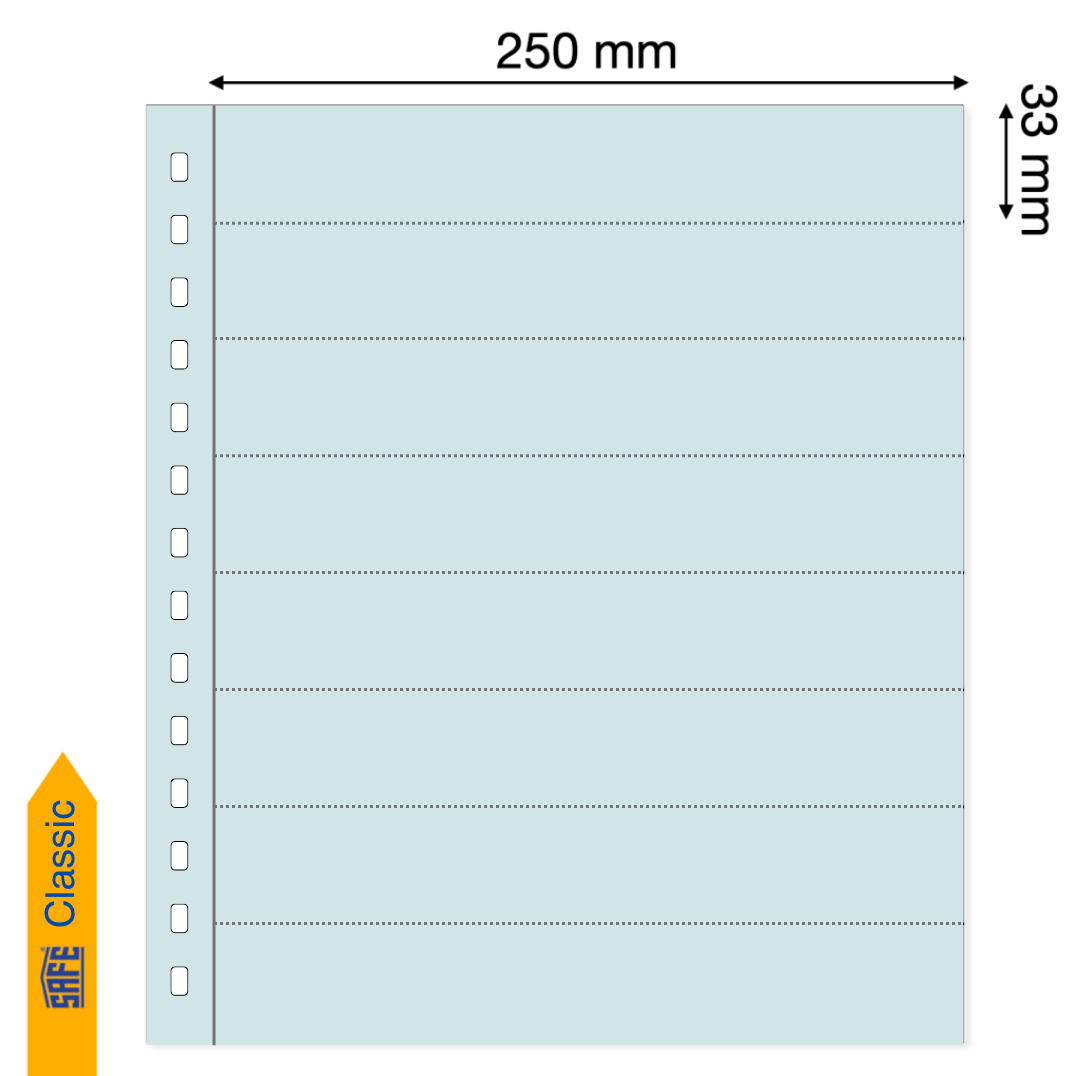 Light blue illustration representing a transparent album page with pocket dimensions on a white background
