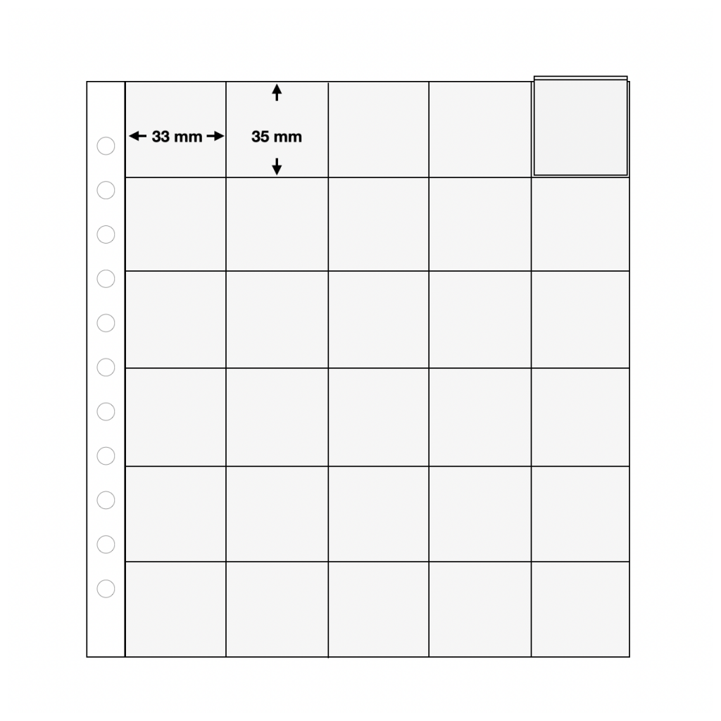 Illustration representing a transparent album page with individual pockets and pocket dimensions on a white background