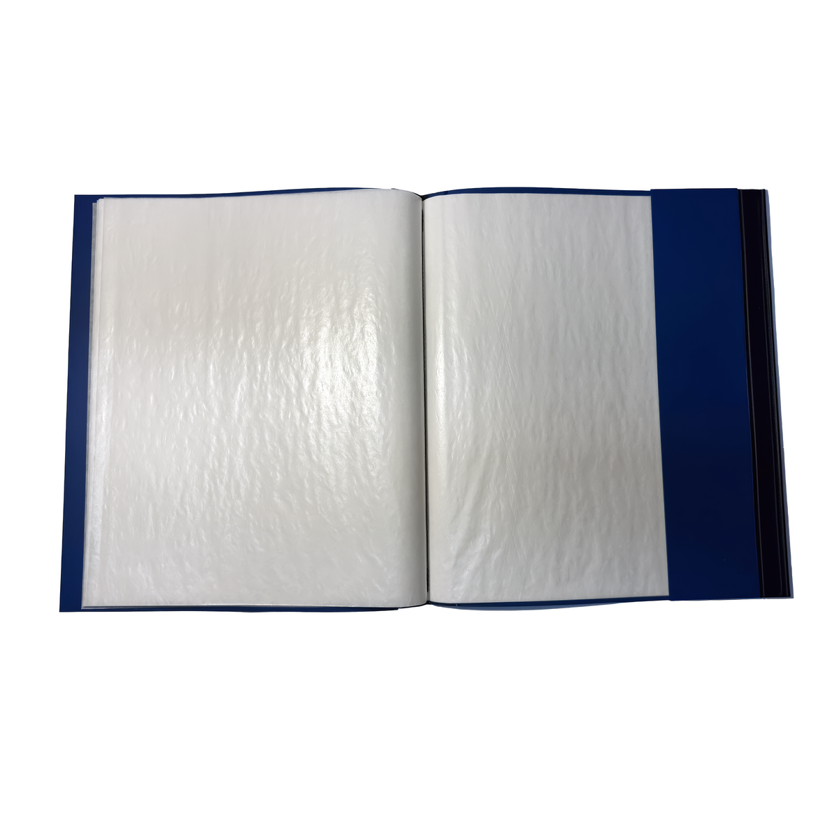 An open mint stamp sheet portfolio folder with glassine pages and dark blue covers on the left and right sides, shown against a plain white background.