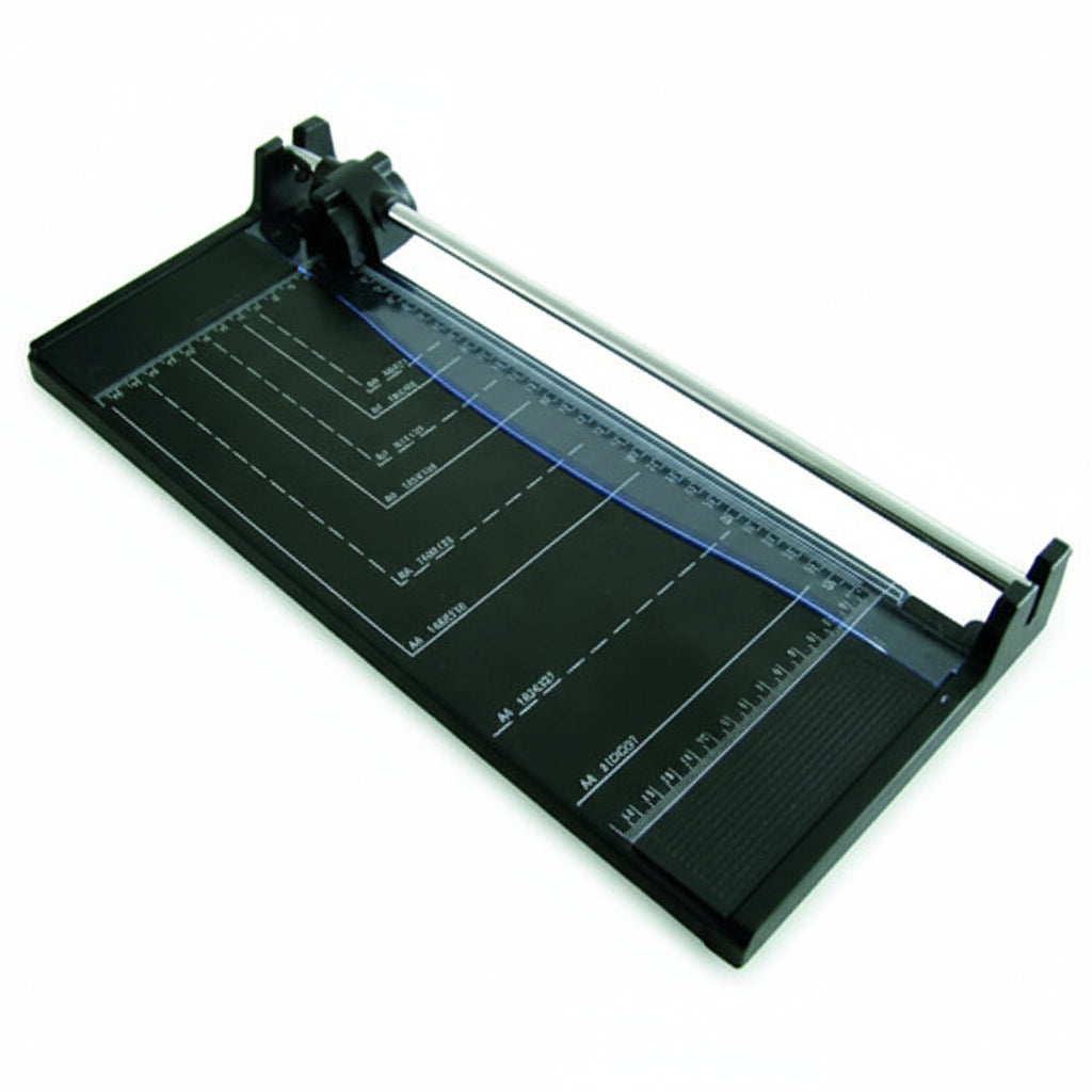 Paper trimmer / guillotine for stamp mounts with ruler on a white background