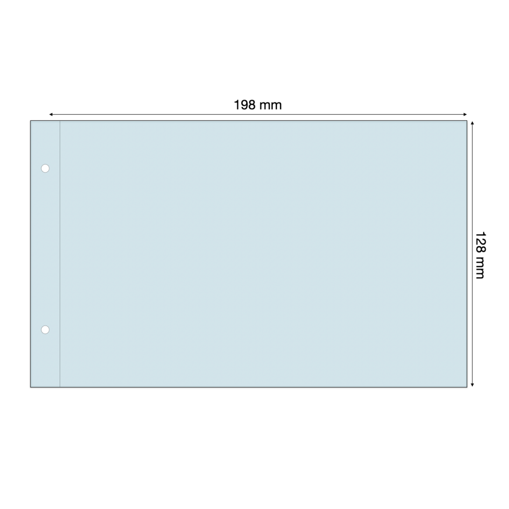 Light blue illustration representing a transparent album page with pocket dimensions on a white background