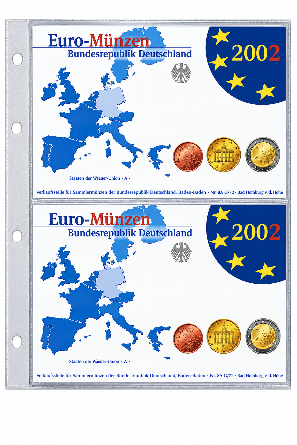 Two Euro coin proof sets with a map of Europe inside a transparent album page on a white background