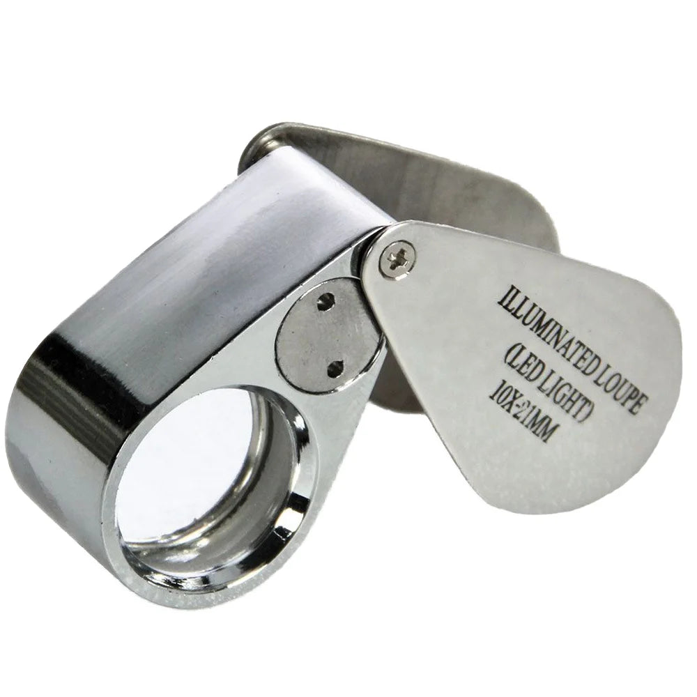 Silver illuminated magnifying loupe (10x) with a white background