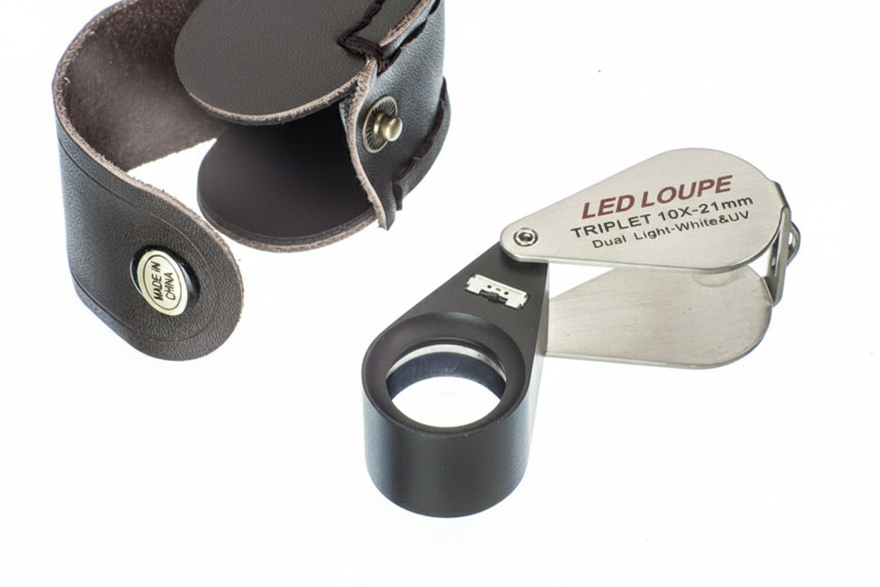 Handheld 10x loupe magnifier with UV/LED ring light with leather case laying beside it, on a white background