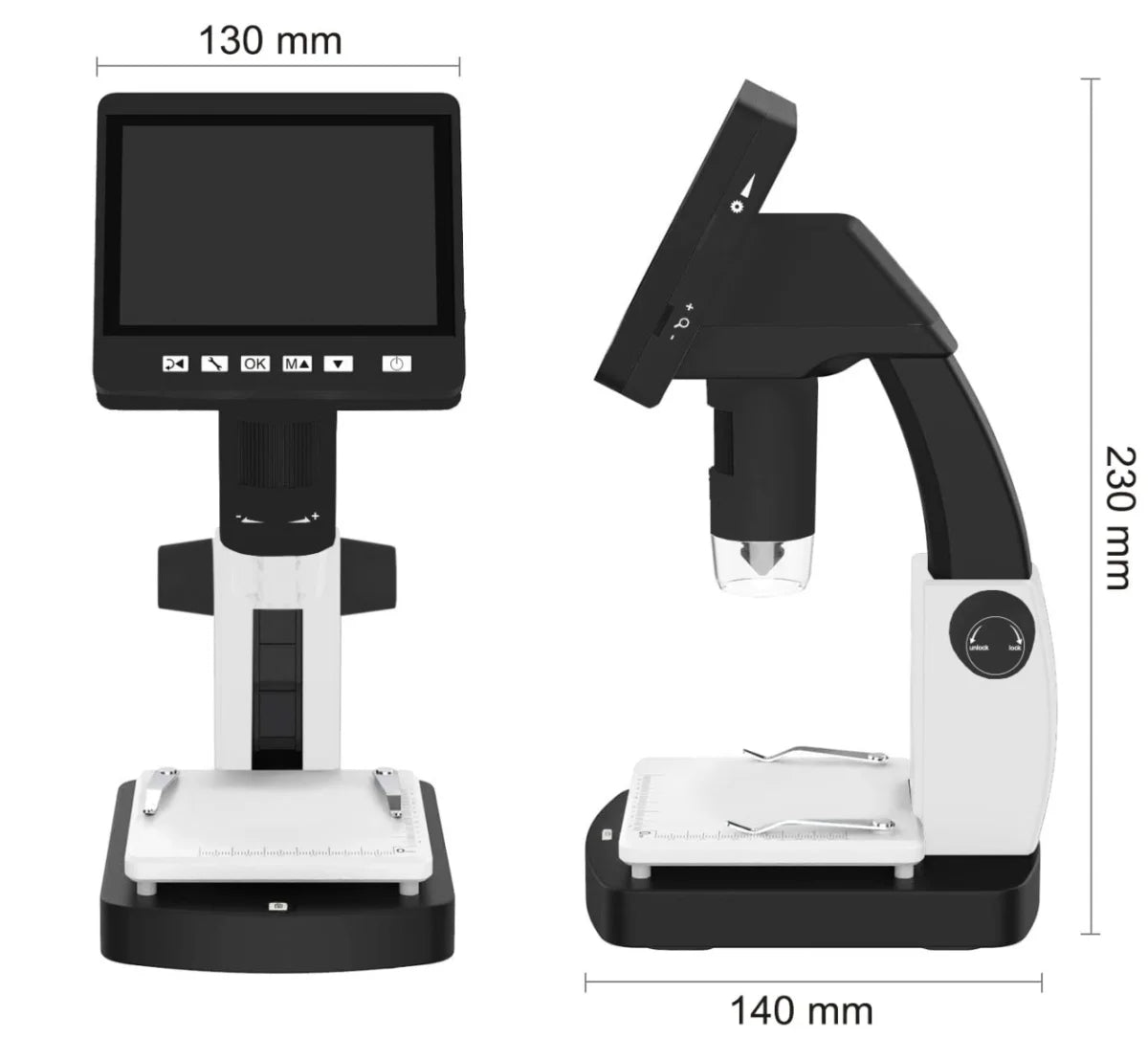 Digital microscope with dimensions labeled on a white background