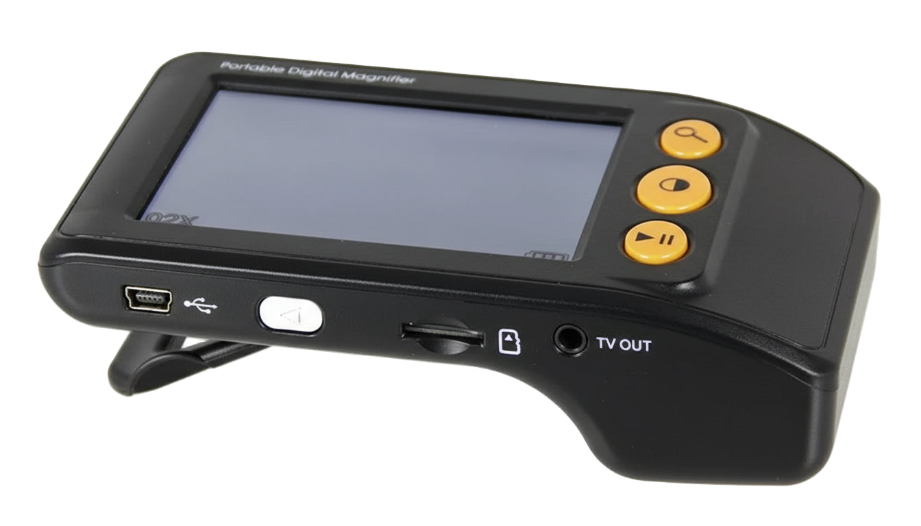 Black portable digital magnifier with LCD screen, SD card insert, TV / usb port and yellow buttons on a white background. 