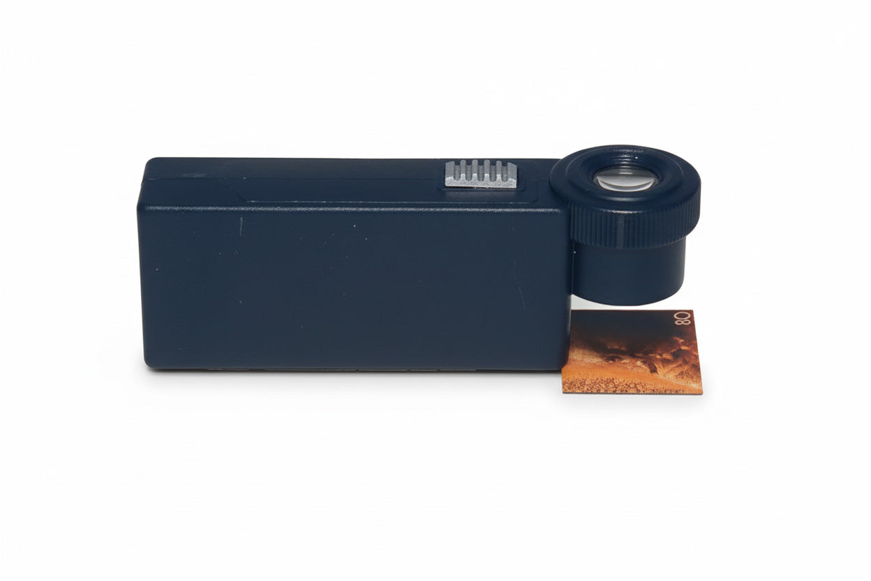 Black box with a magnifier lens hovering over a stamp on a white background