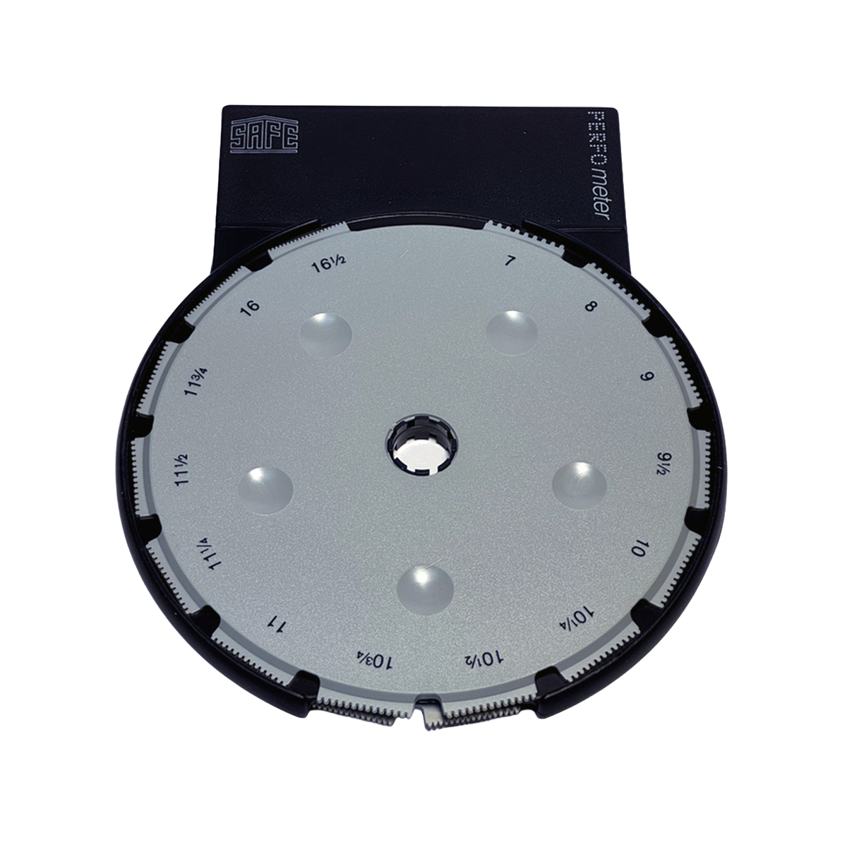 A circular wheel stamp perforation gauge marked with perf scale values, mounted on a black backing plate labeled 'SAFE' and 'PERFOMETER' on a white background.