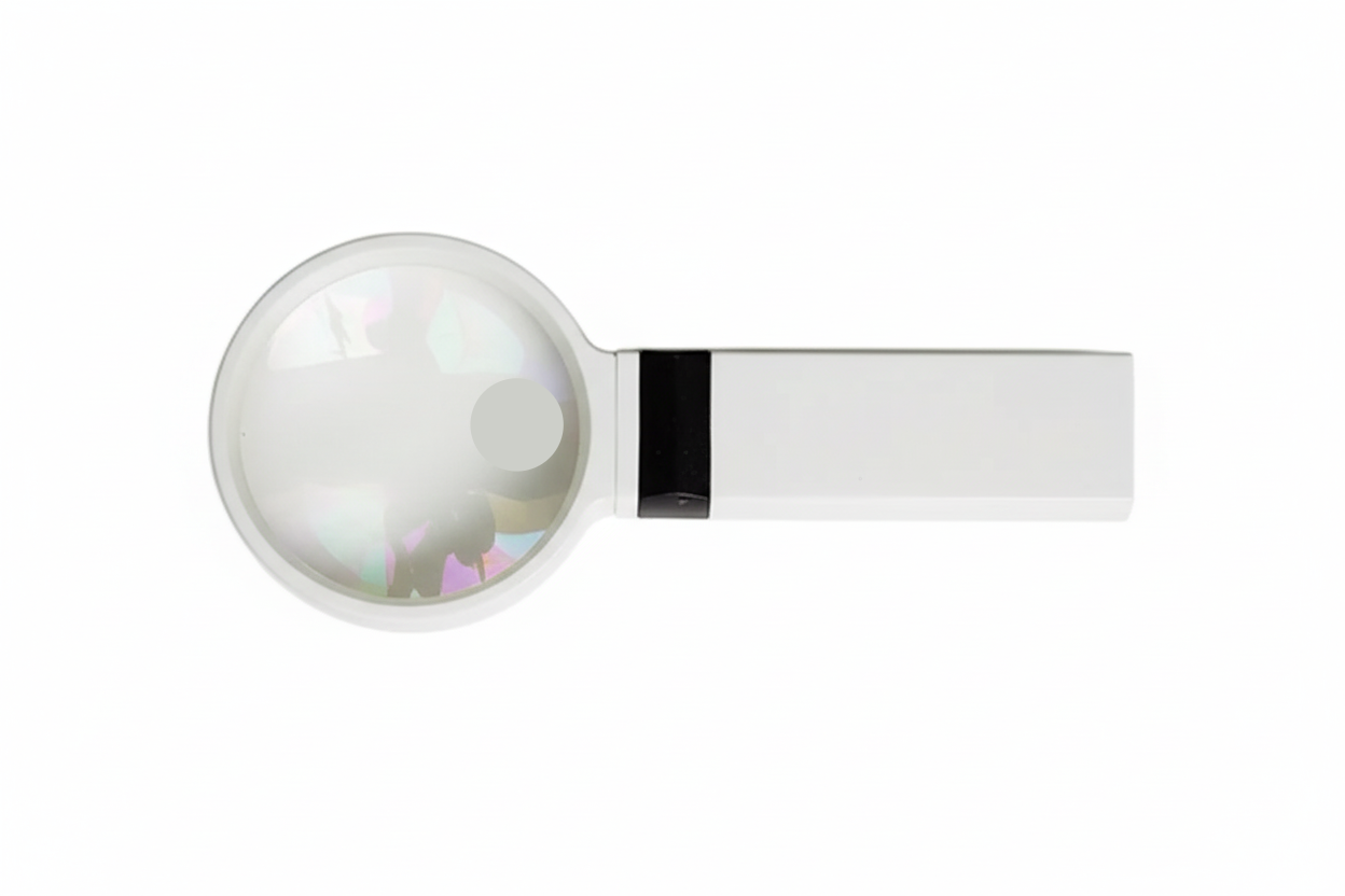 Round magnifying glass with white frame on a white background