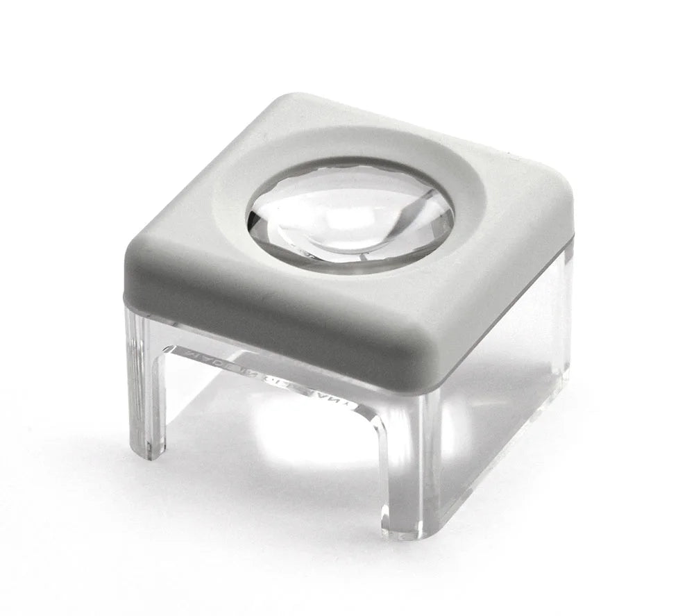 White stand magnifier with two clear legs on a white background