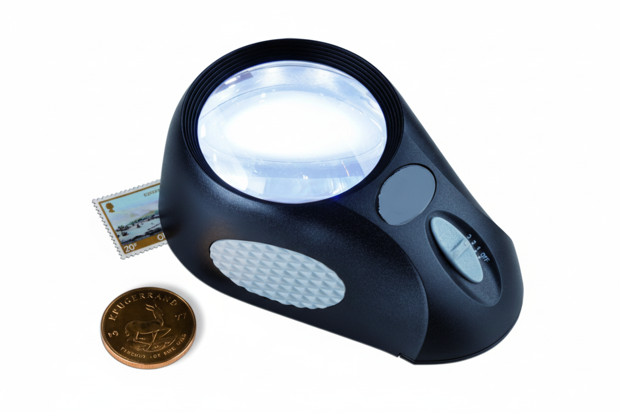 Black magnifier with light on a white background, next to a coin and a stamp.