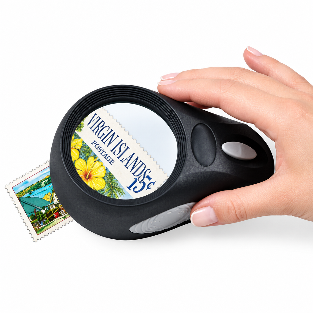 A hand adjusting a black hands-free magnifying glass over a postage stamp on a white background.