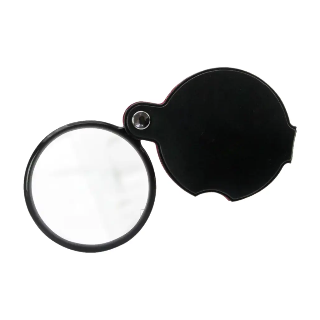 Black magnifying glass with a glass lens that is "swung out" from it's protective case on a white background