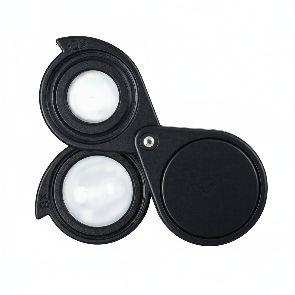 Two magnifying lenses in a black frame that "swing out" from a black case on a white background