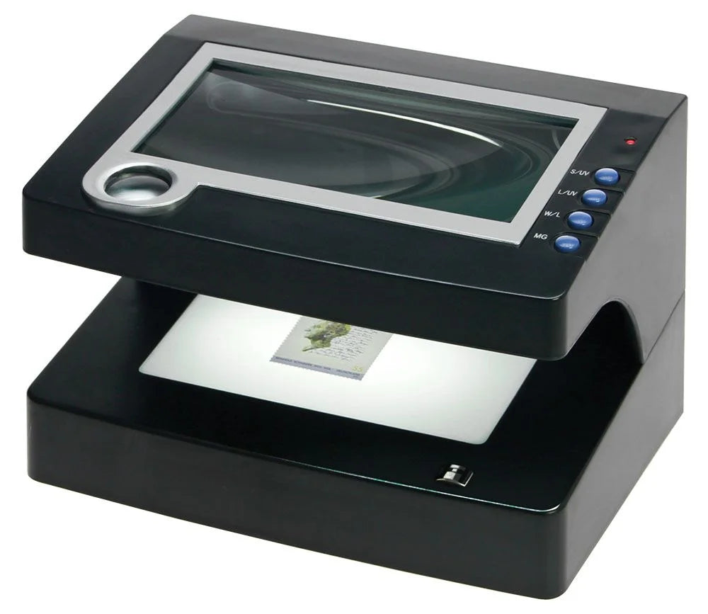 Rectangular magnifying glass inside a black encasing with control buttons, hovering over a built in light tray on a white background