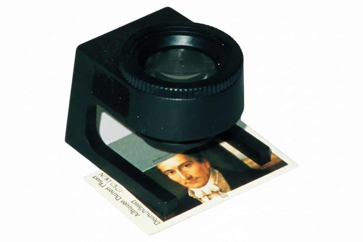 Stand magnifying glass hovering over a vintage stamp of a man on a white background