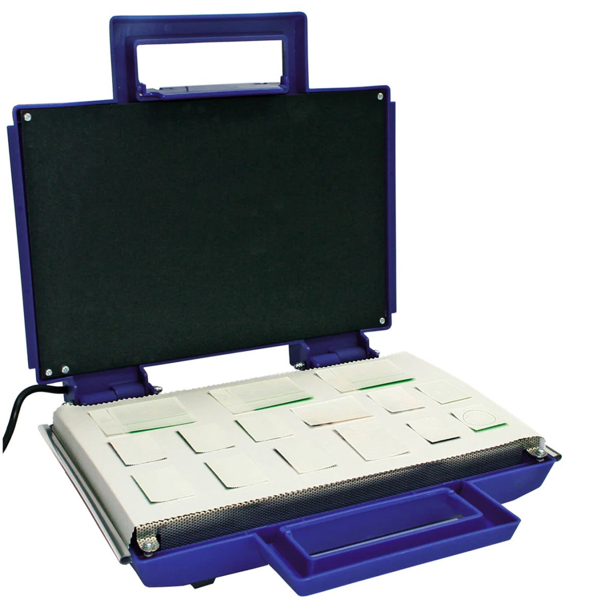 SAFE's blue electronic stamp drying press, shown open with stamps on the drying cloth.