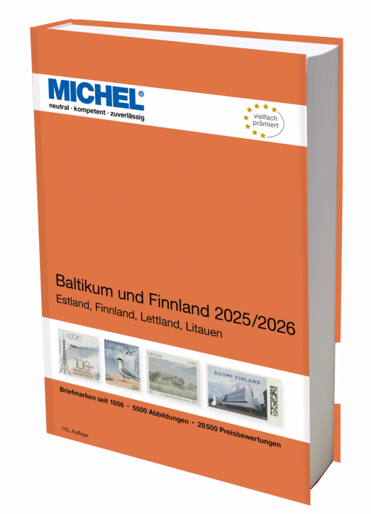 Michel Baltikum und Finnland 2025/2026 stamp catalog with a orange cover featuring an array of stamps on a white background