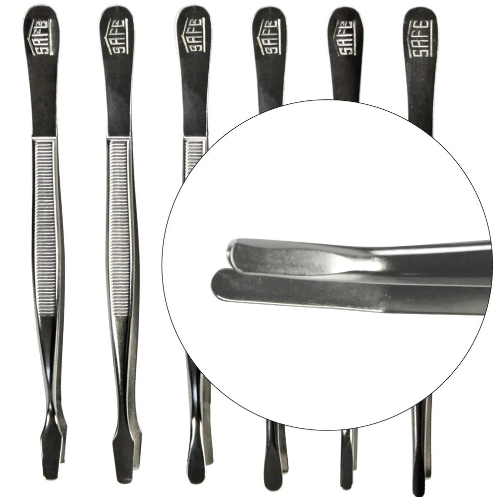 Set of 6 metal tweezers with 'SAFE' branding on a white background with the bent pointed tong magnified, to show the tip