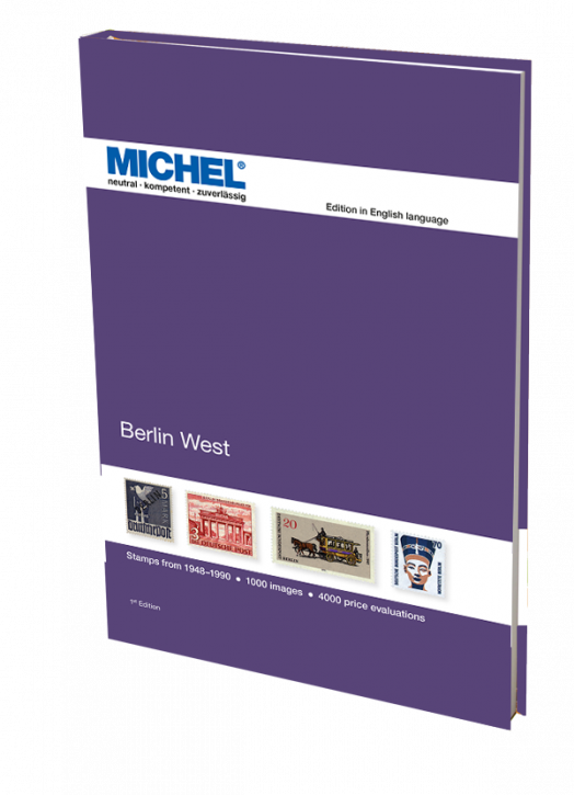 Michel Berlin West (English edition) stamp catalog with a purple cover featuring an array of stamps on a white background