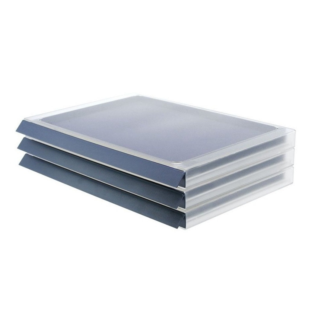 Stack of acrylic coin drawer units on a white background