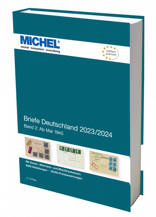 Michel Briefe Deutschland 2023/2024 stamp catalog with a blue cover featuring an array of stamps on a white background