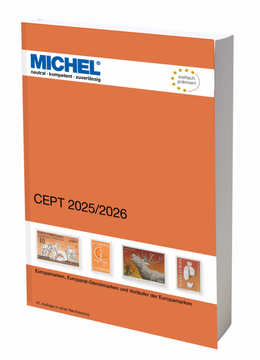 Michel CEPT 2025/2026 stamp catalog with a orange cover featuring an array of stamps on a white background