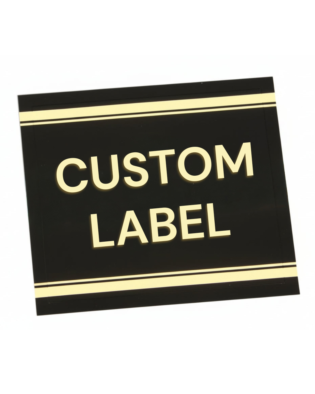 Black and gold label with gold text that says "CUSTOM LABEL" for album spine labeling/organizing on a white background