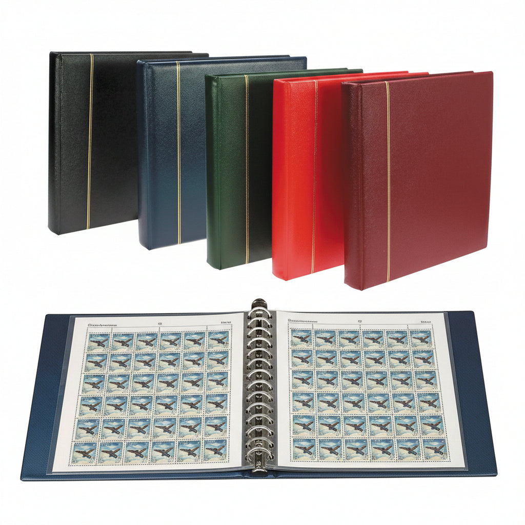 Collection of stamp albums in various colors with an open blue album showing white pages holding a mint sheet stamp collection on a white background.