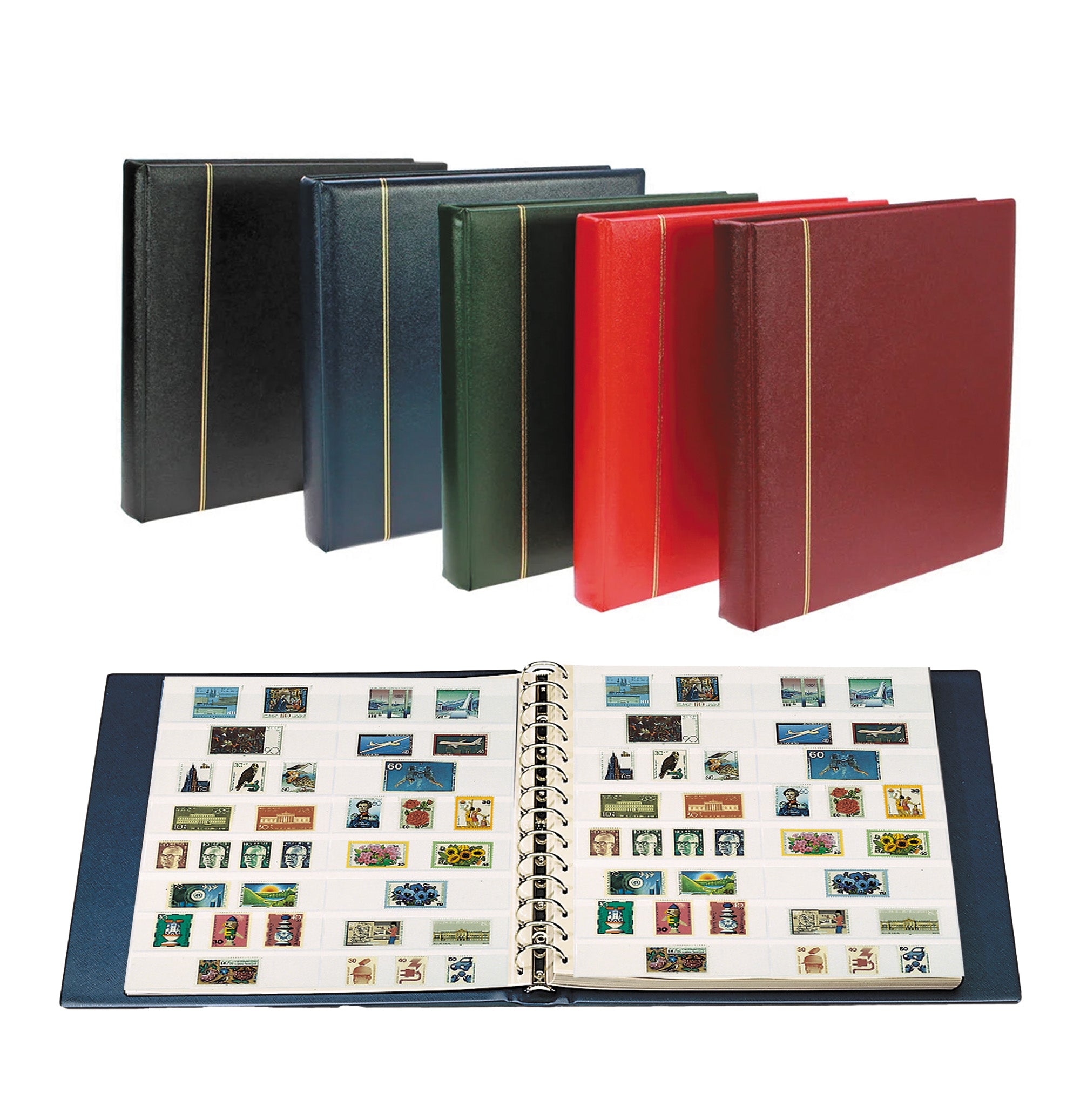 Collection of stamp albums in various colors with an open blue album showing white pages holding a stamp collection on a white background.