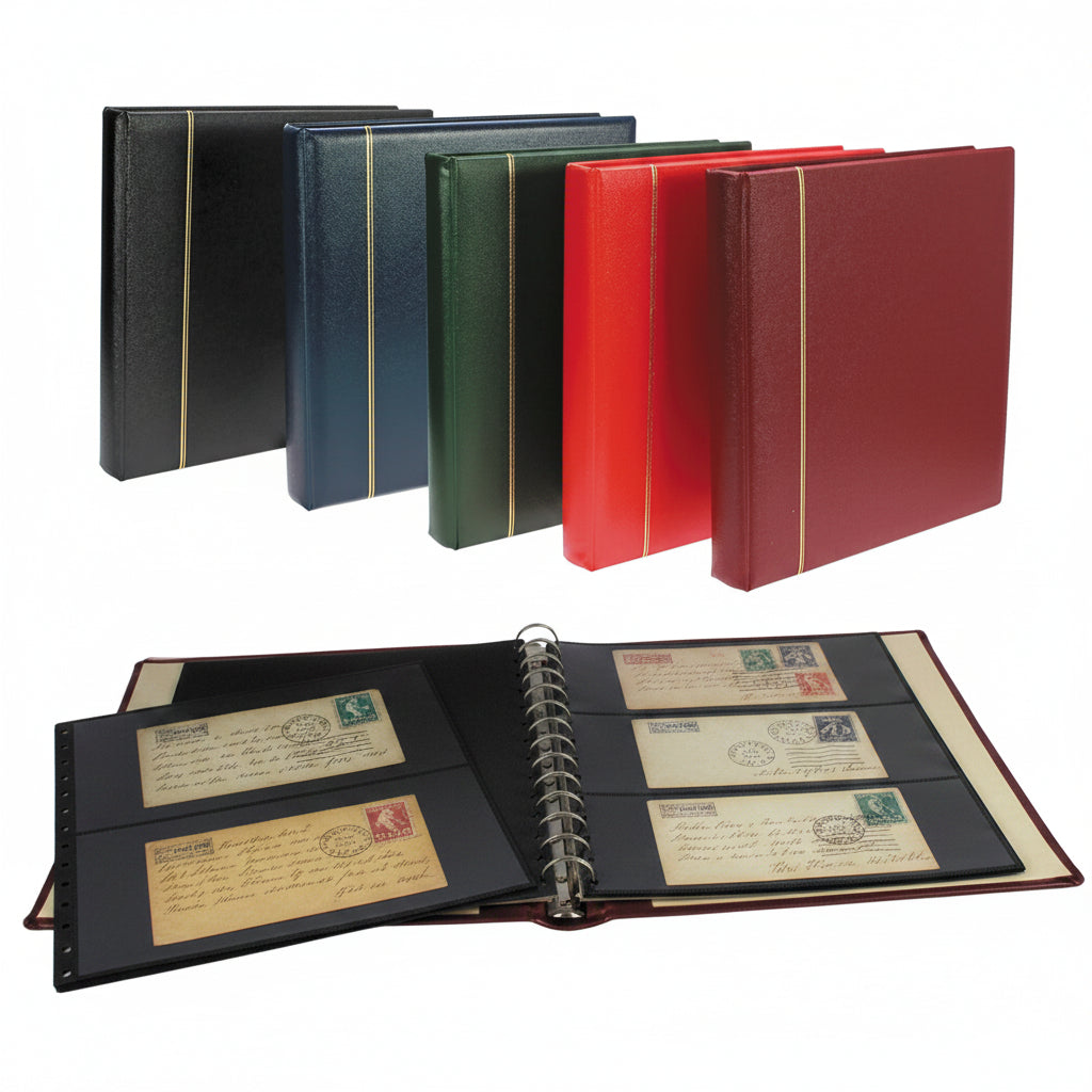 Collection of stamp albums in various colors with an open album showing black pages holding a cover collection on a white background.