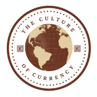 A circular logo or emblem featuring a stylized globe in tan and dark brown, surrounded by the words 'THE CULTURE OF CURRENCY' in curved brown lettering on a white background.