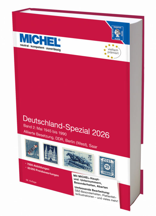Michel Deutschland-Spezial 2026 stamp catalog with a red cover featuring an array of stamps on a white background