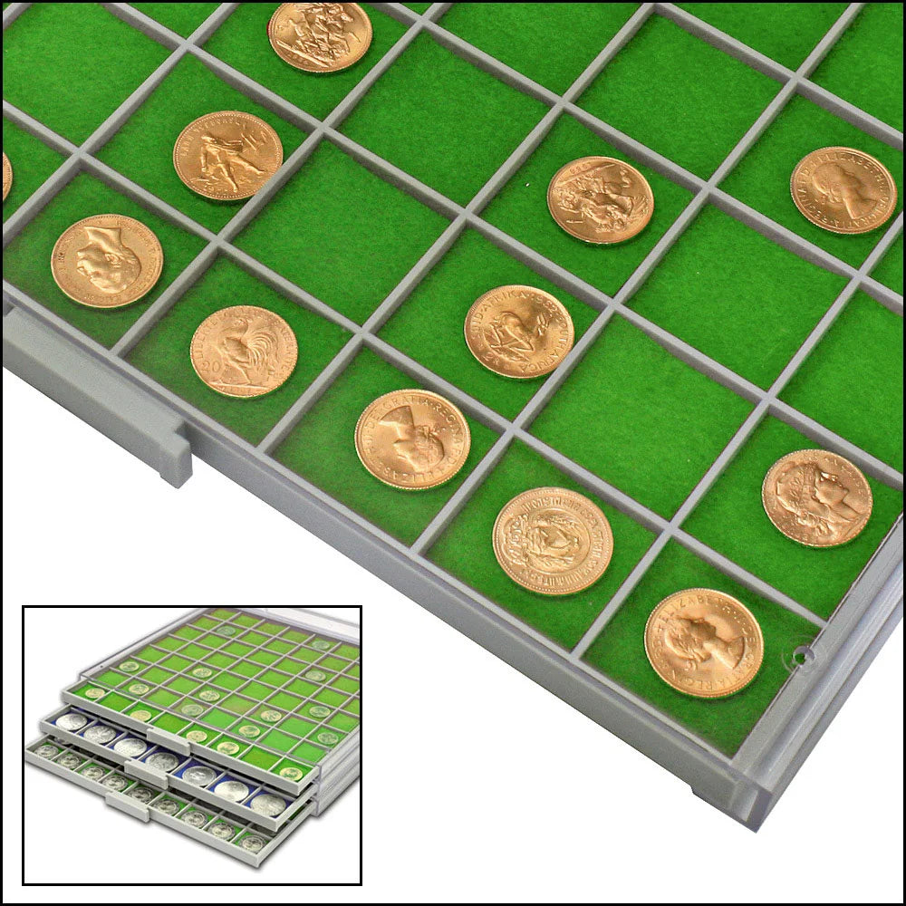 detail shot of the gray grid tray drawer with green felt inserts and gold coins on a white background