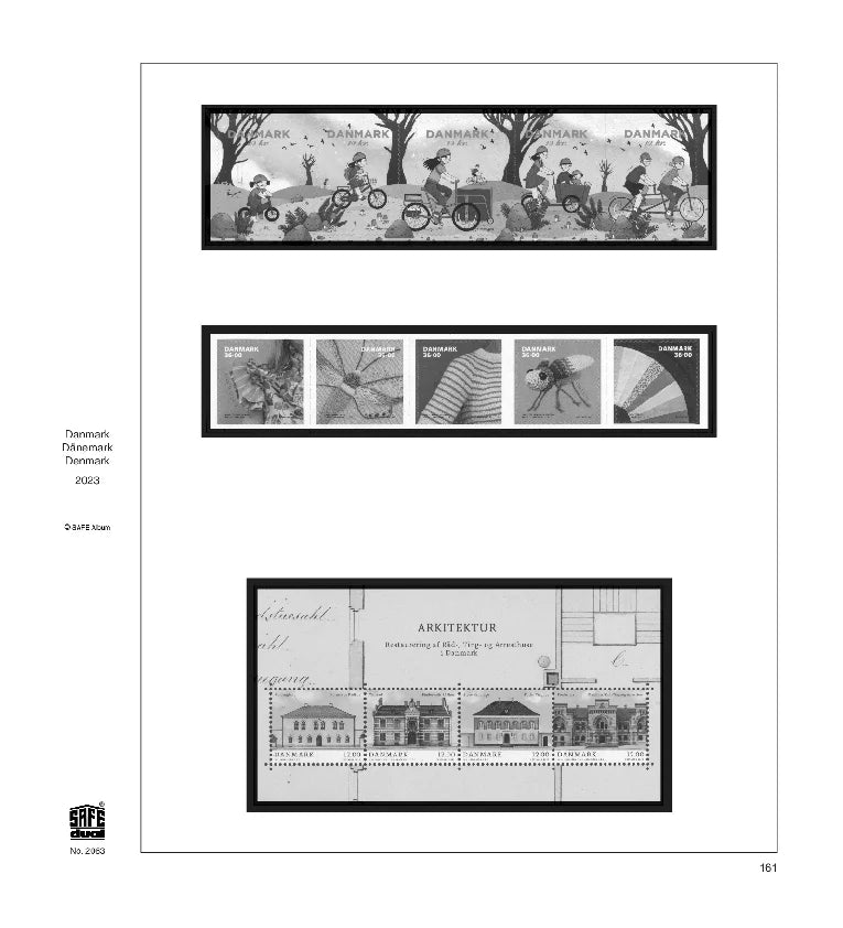 Illustration of black and white stamps from the Denmark's 2023 annual supplement, displayed on a white page.